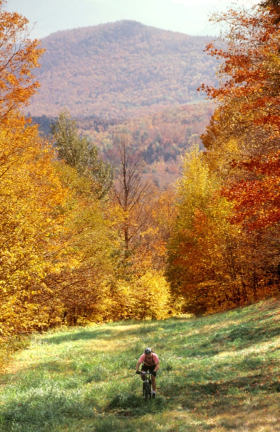 A mountain biker rides his bike in the fall in Vermont. Image shot 2006. Exact date unknown.